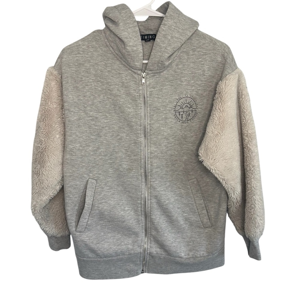 Dutch Bros Women’s SMALL Gray + Oatmeal Sherpa/Sweatshirt Zip Up Jacket DB 1992